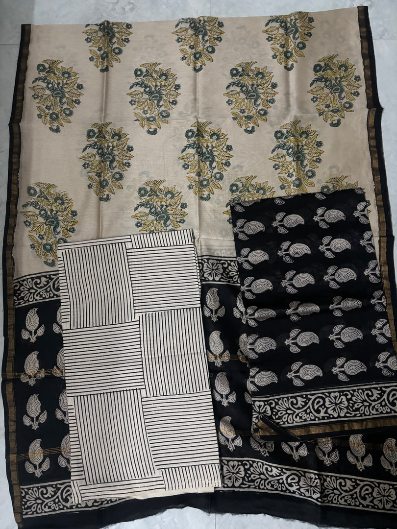 Handblock printed Chanderi top and dupatta with cotton bottom