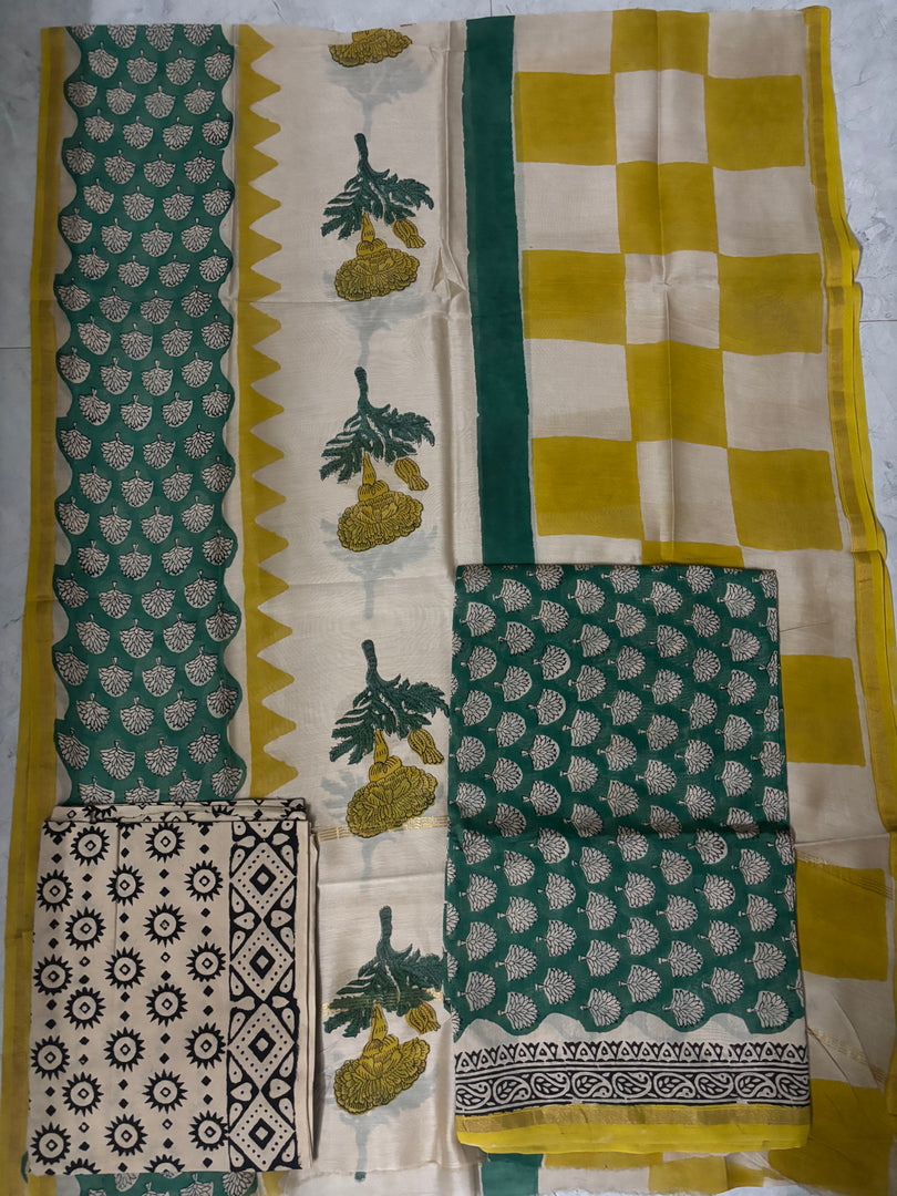 Handblock printed Chanderi top and dupatta with cotton bottom