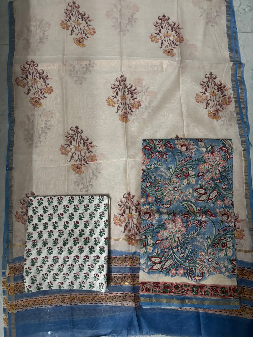 Handblock printed Chanderi top and dupatta with cotton bottom