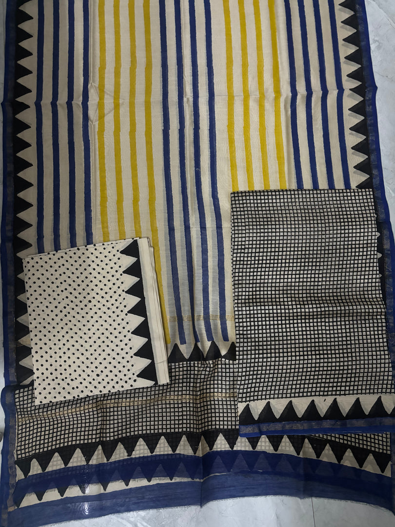Handblock printed Chanderi top and dupatta with cotton bottom