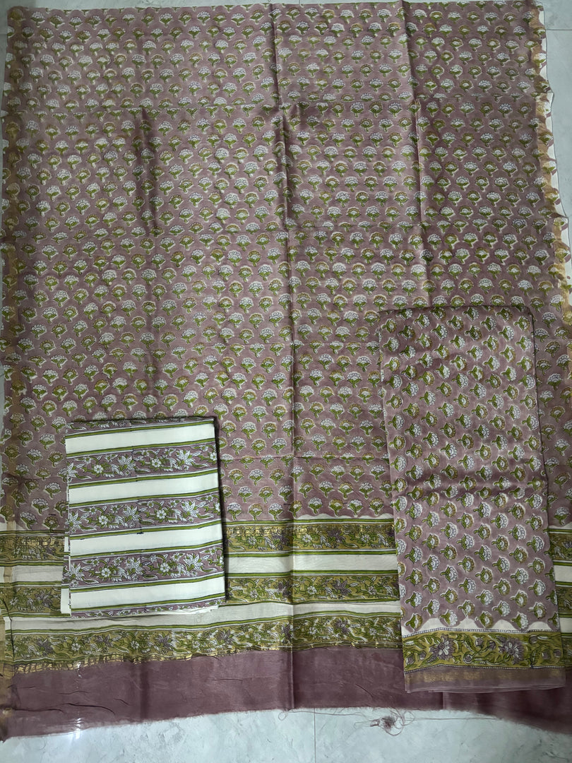Handblock printed Chanderi top and dupatta with cotton bottom