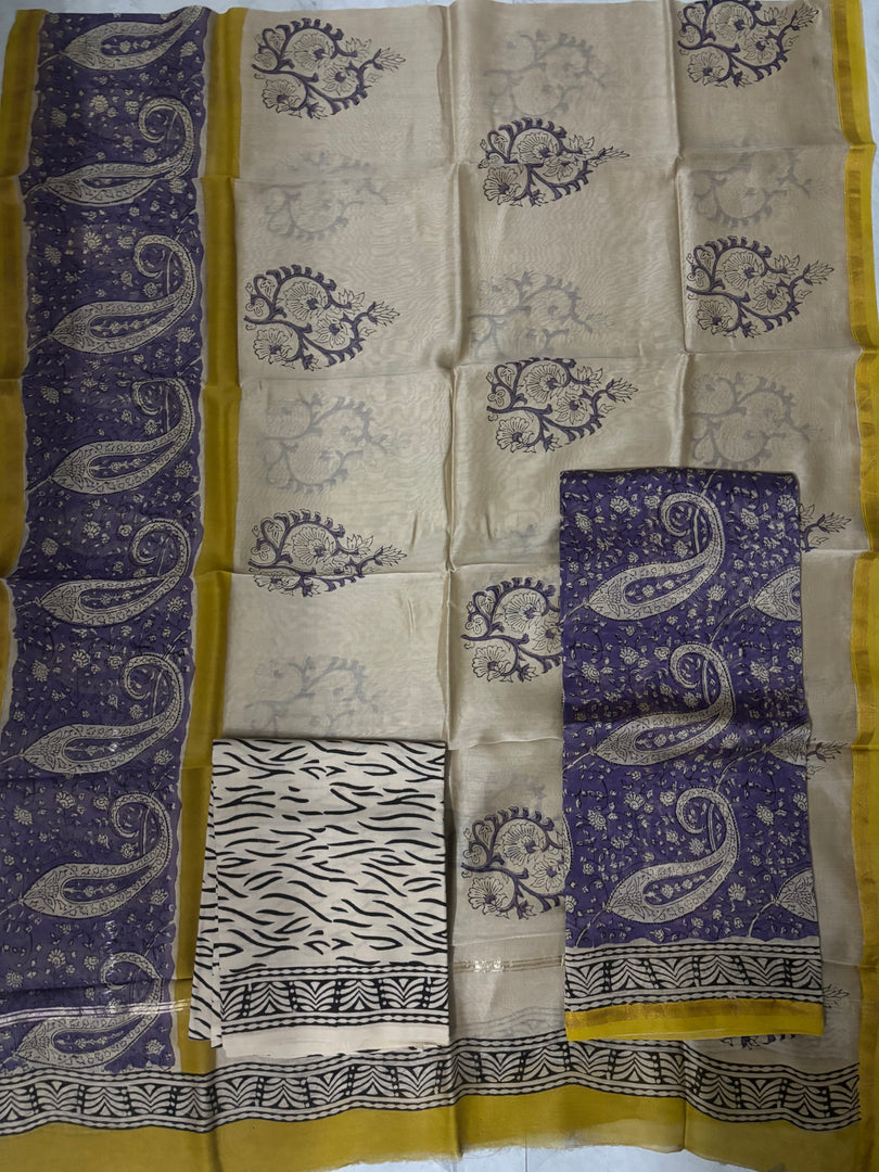 Handblock printed Chanderi top and dupatta with cotton bottom