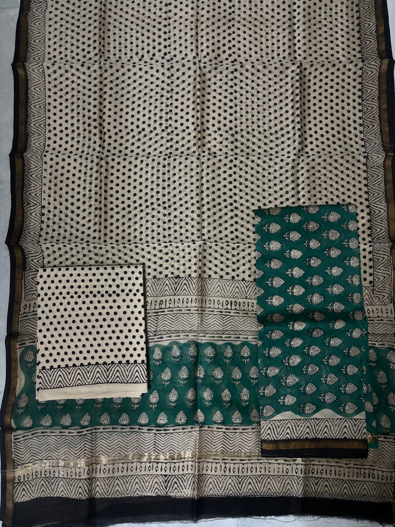 Handblock printed Chanderi top and dupatta with cotton bottom