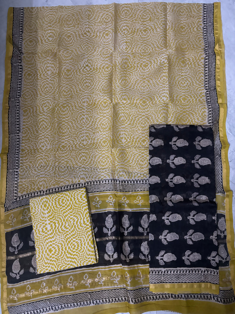 Handblock printed Chanderi top and dupatta with cotton bottom