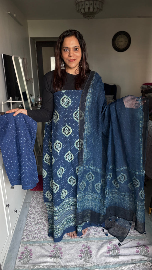 Pure cotton handblock ajrakh top and bottom with ajrakh Kota doria dupatta with tazzels 3 piece set