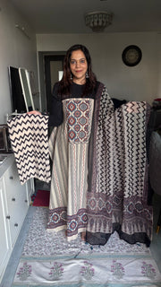 Pure cotton handblock ajrakh top and bottom with ajrakh Kota doria dupatta with tazzels 3 piece set MF0076