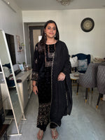 Load image into Gallery viewer, Premium Handblocked Ajrakh Velvet Silk Handworked Top, paired with a matching Velvet Silk Bottom and an elegant Organza Dupatta detailed with Cutdana Scalloping 3 piece set stitched
