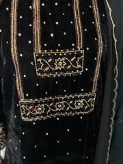 Premium Handblocked Ajrakh Velvet Silk Handworked Top, paired with a matching Velvet Silk Bottom and an elegant Organza Dupatta detailed with Cutdana Scalloping 3 piece set stitched