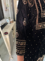 Load image into Gallery viewer, Premium Handblocked Ajrakh Velvet Silk Handworked Top, paired with a matching Velvet Silk Bottom and an elegant Organza Dupatta detailed with Cutdana Scalloping 3 piece set stitched
