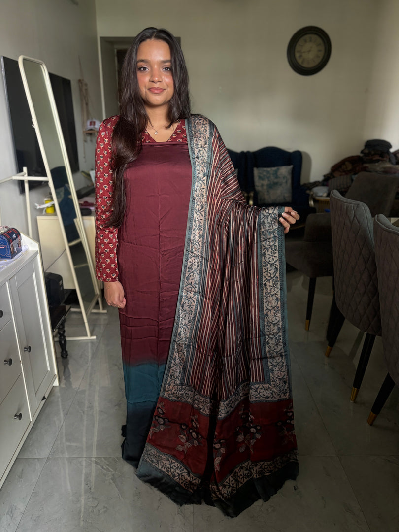 Ombre shade modal silk top with vanaspathi handblocked modal silk dupatta 2 piece set