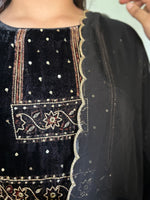 Load image into Gallery viewer, Premium Handblocked Ajrakh Velvet Silk Handworked Top, paired with a matching Velvet Silk Bottom and an elegant Organza Dupatta detailed with Cutdana Scalloping 3 piece set stitched
