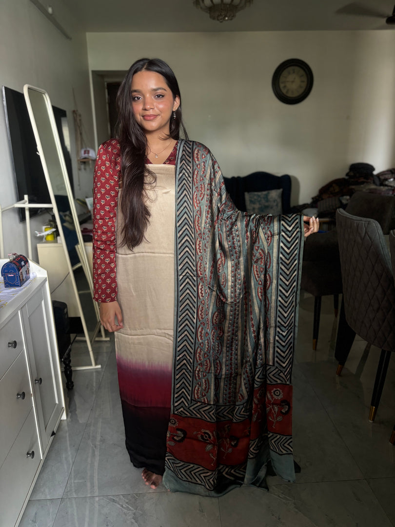 Ombre shade modal silk top with vanaspathi handblocked modal silk dupatta 2 piece set