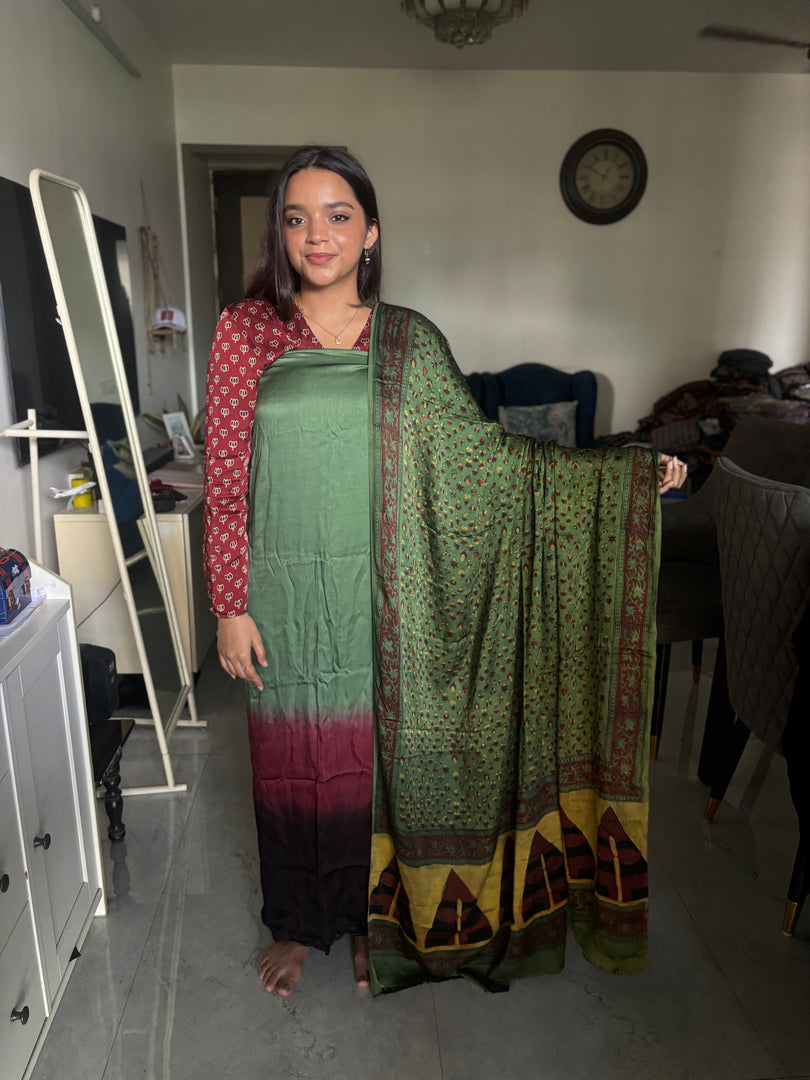 Ombre shade modal silk top with vanaspathi handblocked modal silk dupatta 2 piece set
