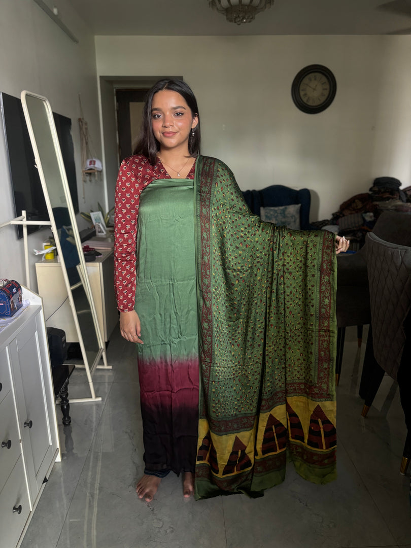 Ombre shade modal silk top with vanaspathi handblocked modal silk dupatta 2 piece set