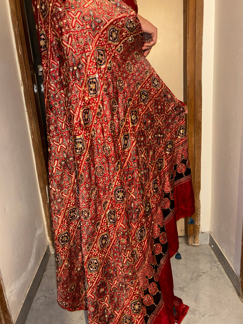 Premium quality handworked modal silk ajrakh saree