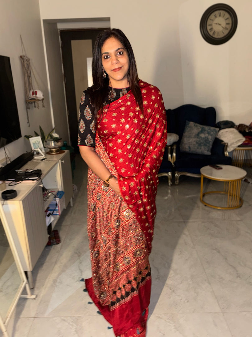 Premium quality handworked modal silk ajrakh saree