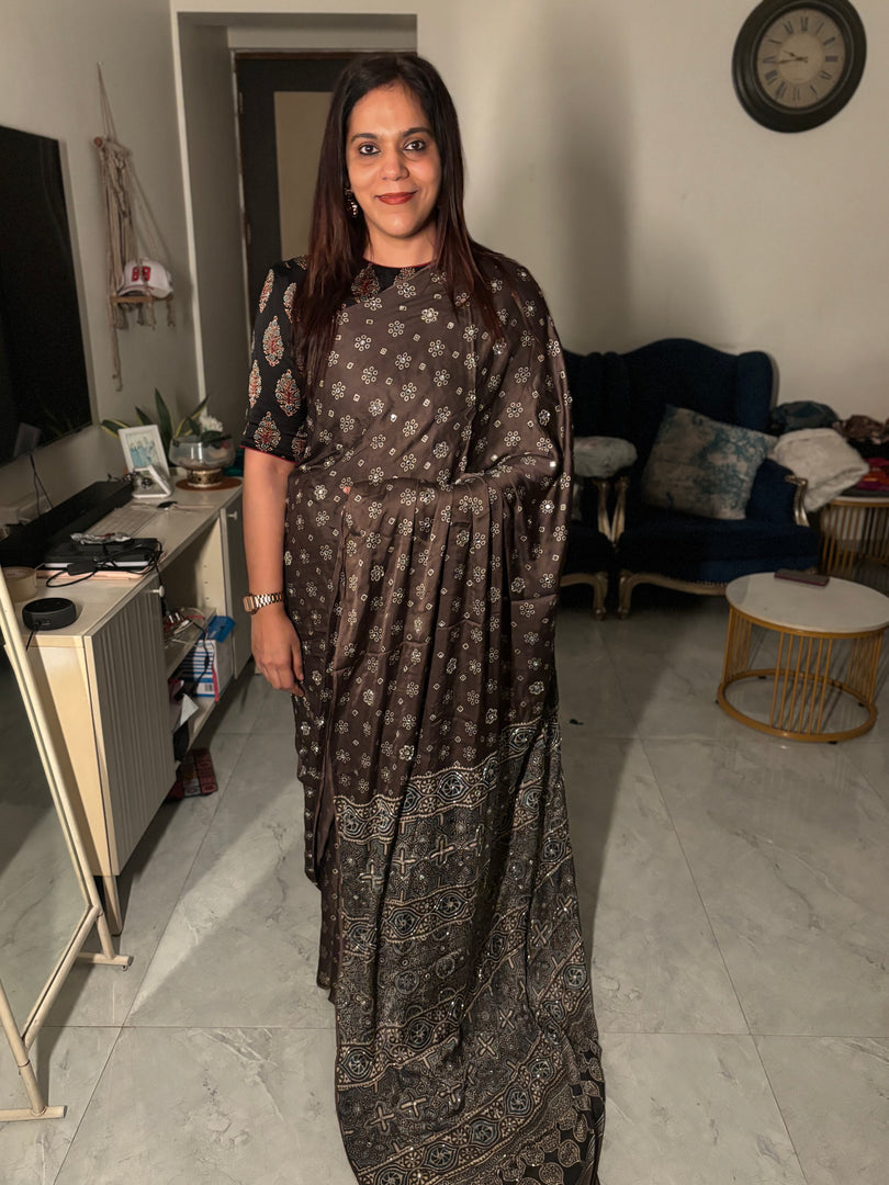 Premium quality handworked modal silk ajrakh saree