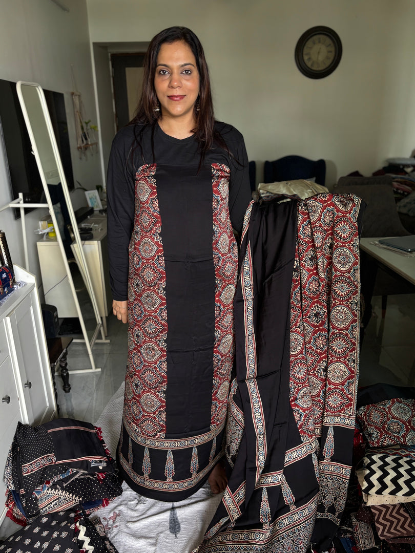 Mehnaz collection Designer style natural dye modal silk handblock ajrakh top and dupatta with tazzels MF0064