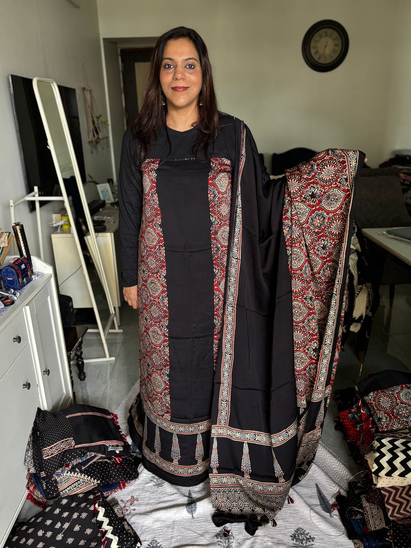 Mehnaz collection Designer style natural dye modal silk handblock ajrakh top and dupatta with tazzels MF0064