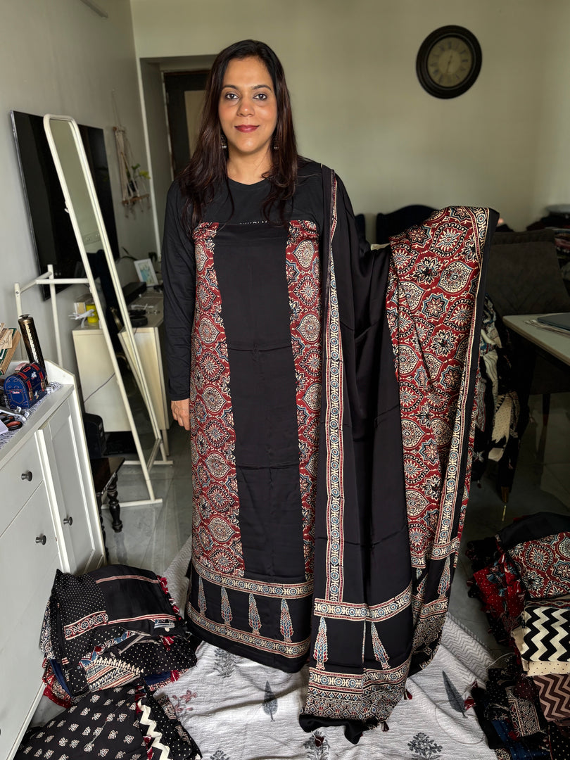 Mehnaz collection Designer style natural dye modal silk handblock ajrakh top and dupatta with tazzels MF0064