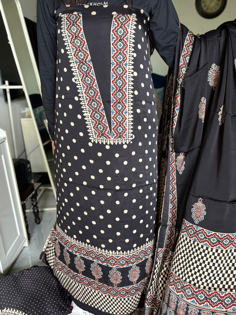 Mehnaz collection Designer style natural dye modal silk handblock ajrakh top and dupatta with tazzels MF0064