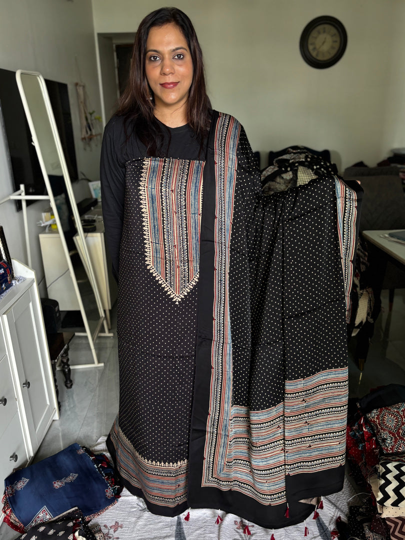Mehnaz collection Designer style natural dye modal silk handblock ajrakh top and dupatta with tazzels MF0064