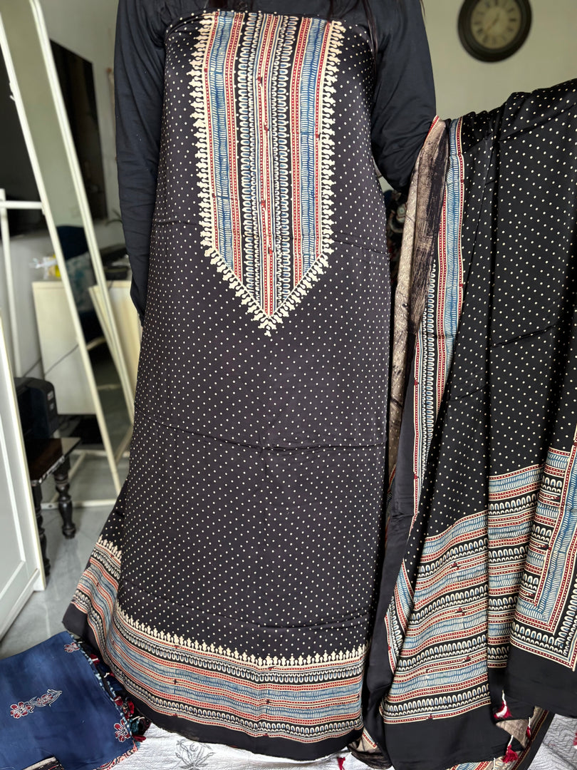 Mehnaz collection Designer style natural dye modal silk handblock ajrakh top and dupatta with tazzels MF0064