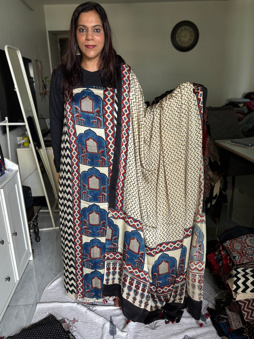 Mehnaz collection Designer style natural dye modal silk handblock ajrakh top and dupatta with tazzels MF0064