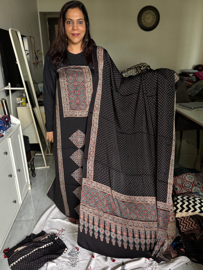 Mehnaz collection Designer style natural dye modal silk handblock ajrakh top and dupatta with tazzels MF0064