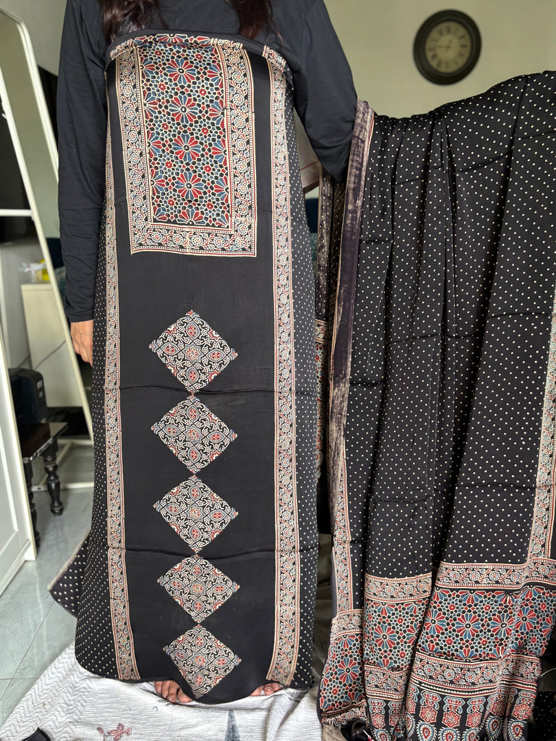 Mehnaz collection Designer style natural dye modal silk handblock ajrakh top and dupatta with tazzels MF0064