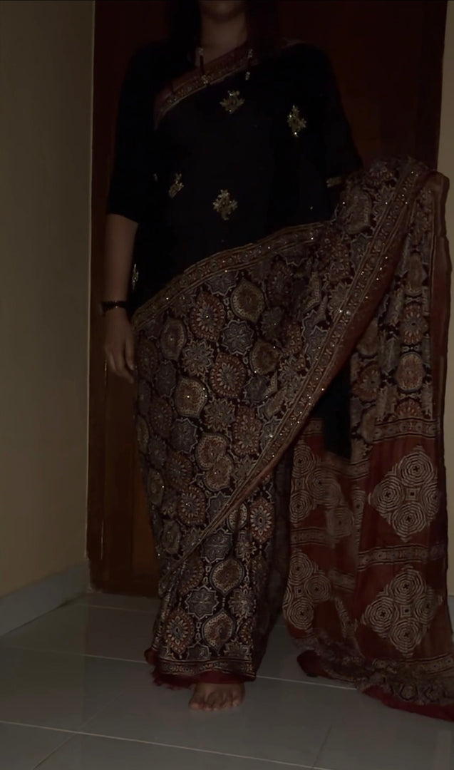 MEHZA FESTIVE EDIT2026 Premium quality handworked modal silk ajrakh saree with tazzels