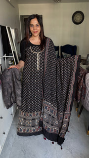 Georgette handblock ajrakh handworked top and dupatta with modal silk bottom 3 piece se