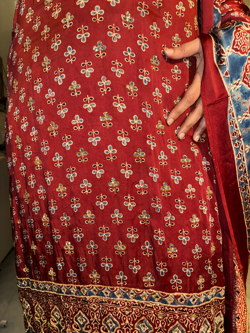 MEHZA FESTIVE EDIT heavy handwork premium quality modal silk ajrakh top and dupatta unstitched  2 piece set