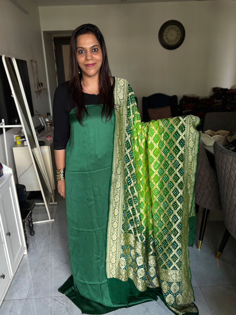 Banarasi khaddi georgette Bandhej dupatta with 3 m plain modal silk top 2 piece set