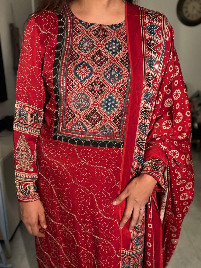 MEHZA FESTIVE EDIT heavy handwork premium quality modal silk ajrakh top and dupatta unstitched 2 piece set