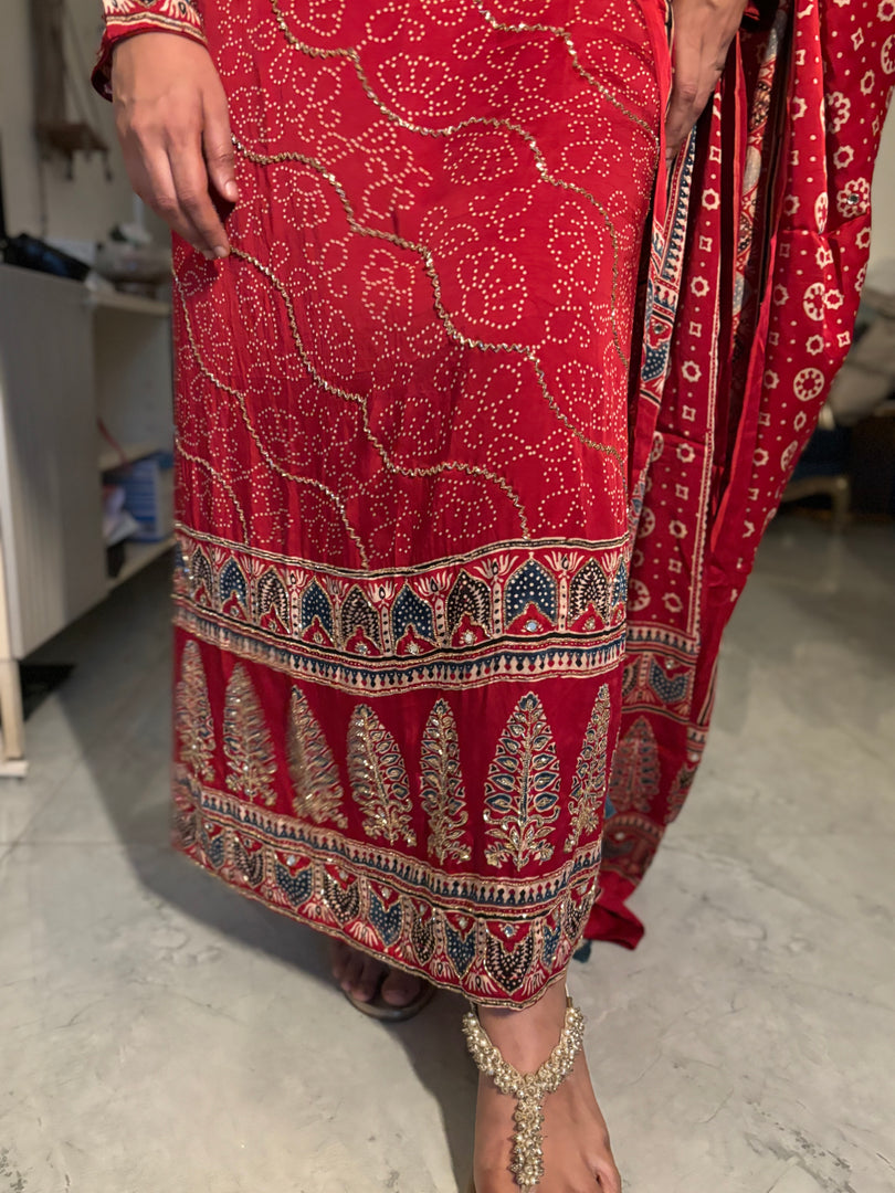 MEHZA FESTIVE EDIT heavy handwork premium quality modal silk ajrakh top and dupatta unstitched 2 piece set