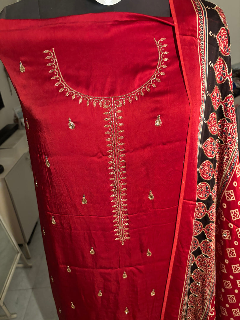 MEHZA FESTIVE EDIT heavy handwork premium quality modal silk ajrakh top and dupatta 2 piece set