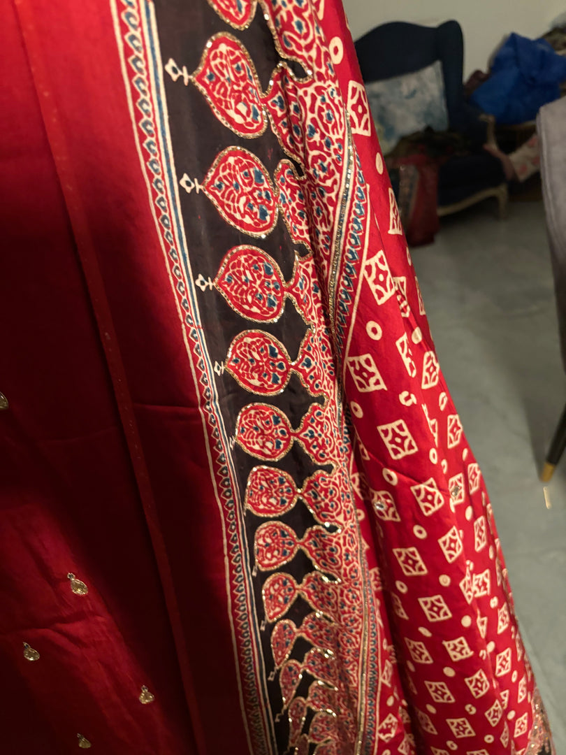 MEHZA FESTIVE EDIT heavy handwork premium quality modal silk ajrakh top and dupatta 2 piece set