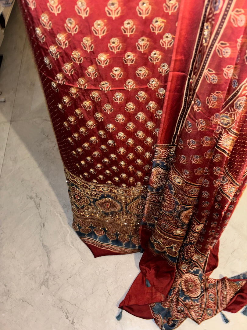 MEHZA FESTIVE EDIT heavy handwork premium quality modal silk ajrakh top and dupatta 2 piece set