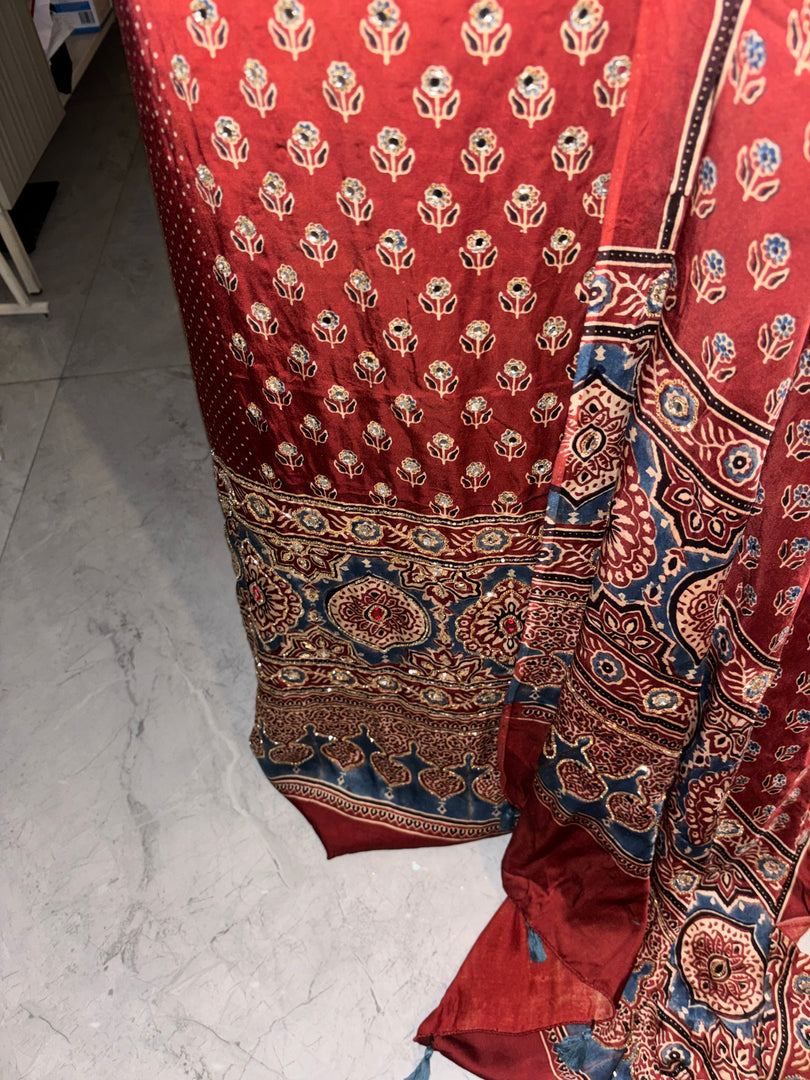 MEHZA FESTIVE EDIT heavy handwork premium quality modal silk ajrakh top and dupatta 2 piece set