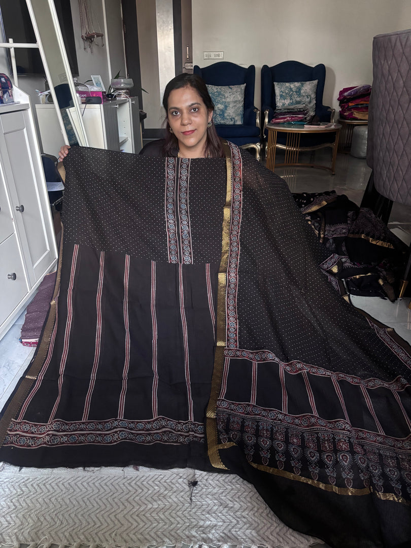 Natural dye Handblock ajrakh maheshwari cotton top and dupatta 2 piece set