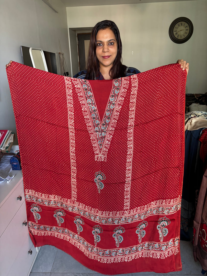 Natural dye modal silk ajrakh kaftan top fabric 2.5 m