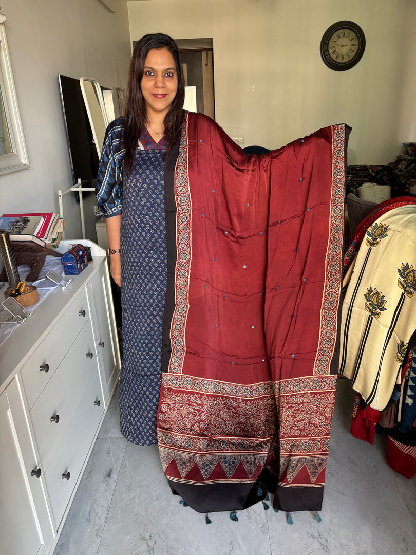 Natural dye modal silk ajrakh top with plain modal silk handworked mirror dupatta 2 piece set