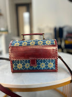 Load image into Gallery viewer, PURE LEATHER BAG WITH MASHRU SILK AJRAKH FABRIC
