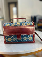 Load image into Gallery viewer, PURE LEATHER BAG WITH MASHRU SILK AJRAKH FABRIC
