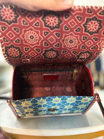Load image into Gallery viewer, PURE LEATHER BAG WITH MASHRU SILK AJRAKH FABRIC

