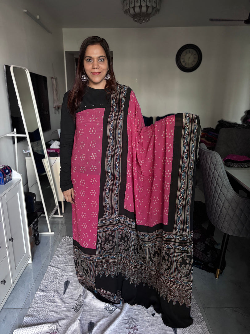 Pure georgette bandhej suit with Handblock ajrakh border top and dupatta 2 piece set
