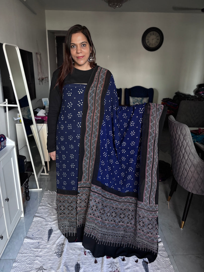 Pure georgette bandhej suit with Handblock ajrakh border top and dupatta 2 piece set