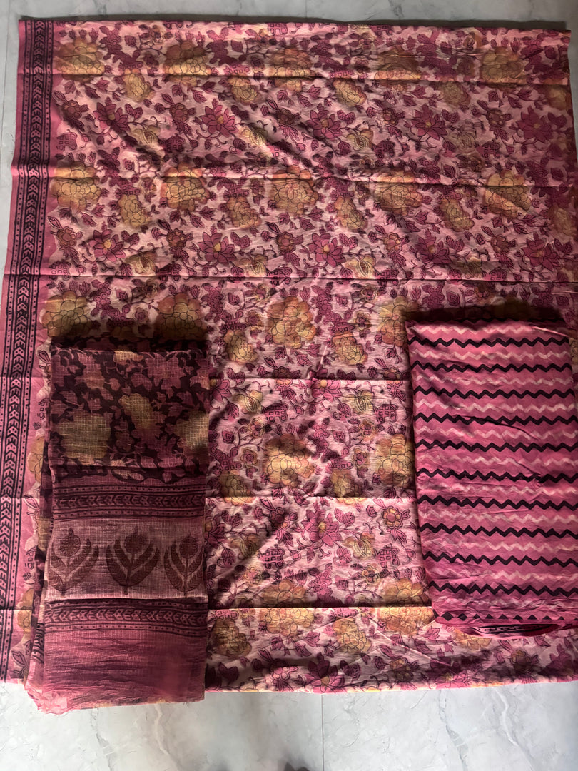 Pure cotton handblocked vanaspathi top and bottom with Kota doria dupatta 3 piece set