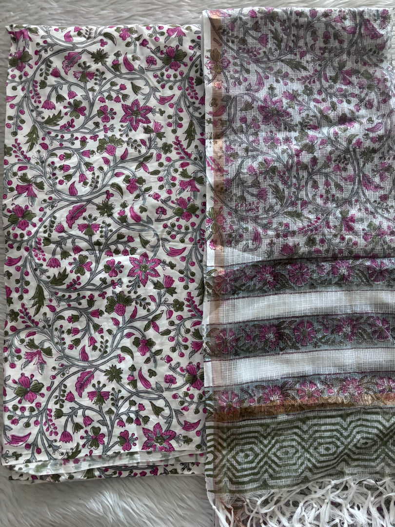 5 m handblock cotton fabric with Kota doria dupatta